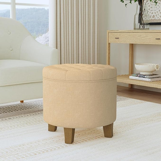 HomePop by Kinfine Fabric Upholstered Round Storage Ottoman - Button Tufted Ottoman with Removable Lid, Light Tan Textured Solid