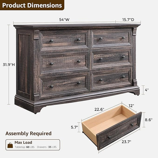 Farmhouse 6 Drawers Dresser for Bedroom, 54" Wide Large Dressers & Chests of Drawers w/Roman Column, Wooden Dresser TV Stand with Large Drawers for Nursery Bedroom Living Room Hallway,Dark Rustic Oak