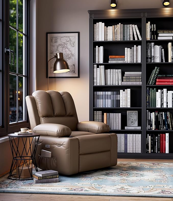 27" Oversized Power Recliner Chair, Faux Leather Rocking Chair with Heat & Massage, 360° Swivel Modern Electric Recliner with Cup Holder & USB Charging for Living Room, Bedroom, Nursery - Khaki