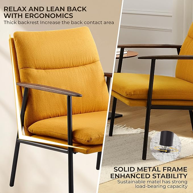Art Leon Mid Century Modern Accent Chair-Fabric Relaxing Armchair with Metal Frame Upholstered Lounge Chair, Ergonomic Reading Chair for Lounge, Living Room, Reading Room, Bedroom,Yellow