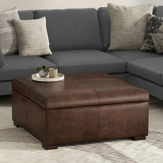 SIMPLIHOME Gabbie 36 inch Wide Contemporary Square Square Coffee Table Storage Ottoman in Distressed Chestnut Brown Vegan Faux Leather, Assembled, for The Living Room, Entryway and Family Room