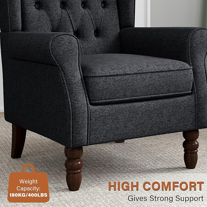 High Back Accent Chair, High Wingback Chair for Living Room, Button-Tufted Upholstered Fabric Armchair with Solid Wood Legs, Comfy Single Sofa Reading Chair for Bedroom, Dark Navy