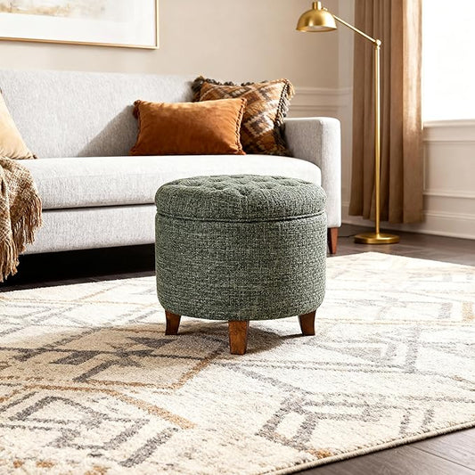 Homepop Home Decor | Upholstered Round Tufted Foot Rest Ottoman | Ottoman with Storage for Living Room & Bedroom | Decorative Home Furniture, Green Clover Fabric