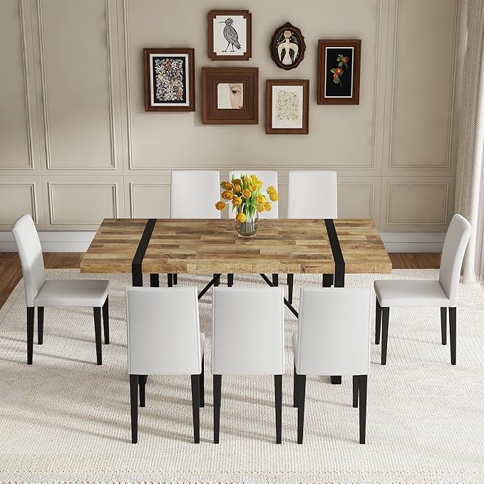 Dining Table Set for 6,Dinner Table Set for 6,71'' Kitchen Table and PU Leather Chairs Set of 6,6 Chair Dining Table Set for Kitchen Dining Room