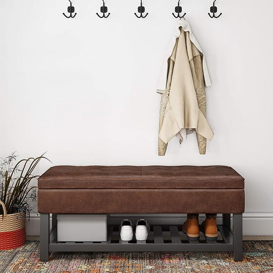 SIMPLIHOME Cosmopolitan 44 inch Wide Transitional Rectangle Storage Ottoman Bench with Open Bottom in Distressed Saddle Brown Vegan Faux Leather, Assembled for the Living Room and Bedroom