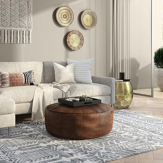 SIMPLIHOME Connor Boho Round 34 inch Round Coffee Table Pouf in Distressed Brown Genuine Leather for the Living Room, Bedroom and Kids Room