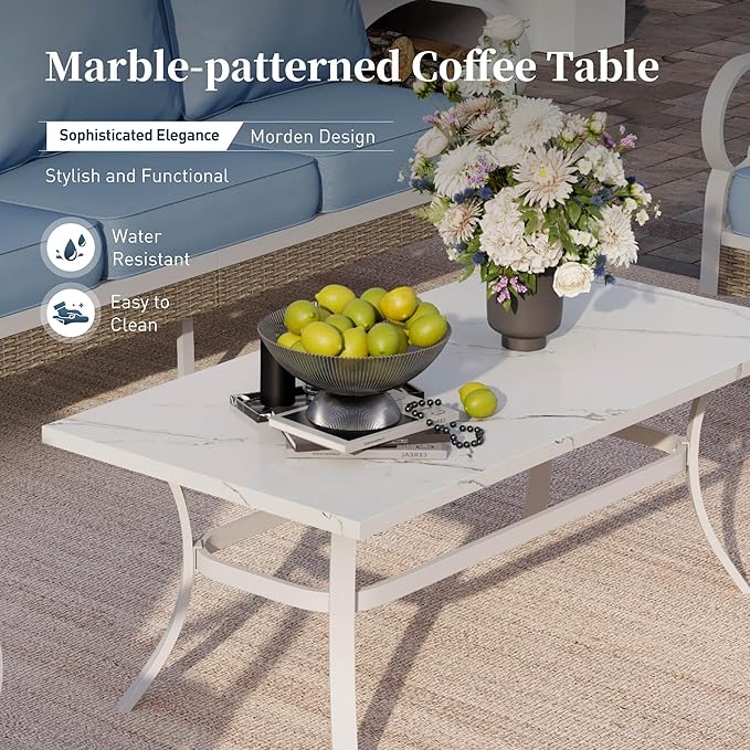 6 Piece Metal Outdoor Patio Furniture Set, Patio Conversation Sets 3-Seater Sofa, 2 Fixed Sofa, 2 Swivel Chair with 5.75" Thick Cushion and Coffee Table White Backyard Furniture, Blue