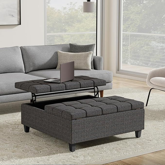 SIMPLIHOME Harrison 40 inch Wide Transitional Square Large Coffee Table Storage Ottoman in Ebony Polyester Tweed, Assembled, for The Living Room and Bedroom