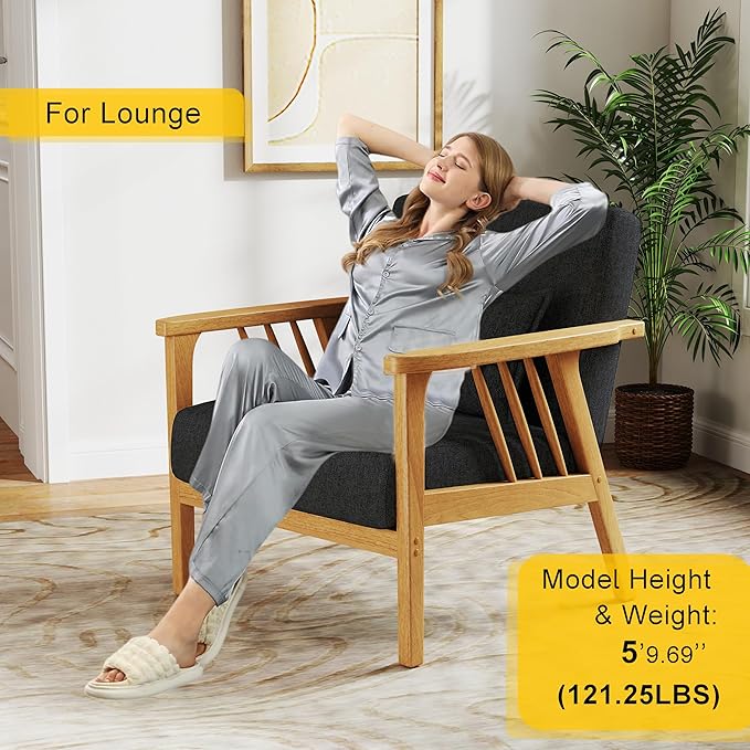 Mid-Century Modern Accent Chair, Linen Armchair and Lounge Chair with Lumbar Pillow, Wide Seat & Solid Wood Frame for Living Room, Bedroom or Balcony (Dark Gray)