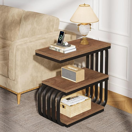 Tribesigns Small End Table, Narrow Side or Bedside Stand, 3 Tier Design Accent Table with Metal Frame, Industrial Vintage Nightstand for Living Room, or Small Spaces (1, Brown)