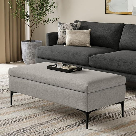 SIMPLIHOME Rebecca 48 inch Wide Mid Century Modern Rectangle Large Coffee Table Storage Ottoman with Lift up Lid in Cloud Grey Polyester , Assembled, For the Living Room, Entryway and Family Room