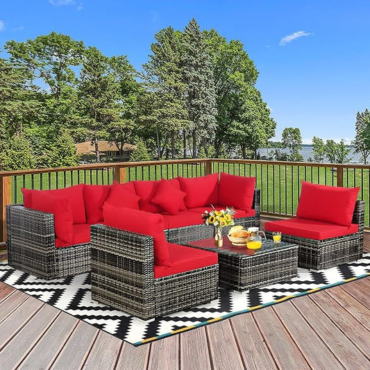 Tangkula 7 Pieces Patio Rattan Furniture Set, Patiojoy Outdoor Conversation Set with Cushions and Tempered Glass Coffee Table, All-Weather Sectional Sofa Set for Garden, Lawn, Backyard (Red)