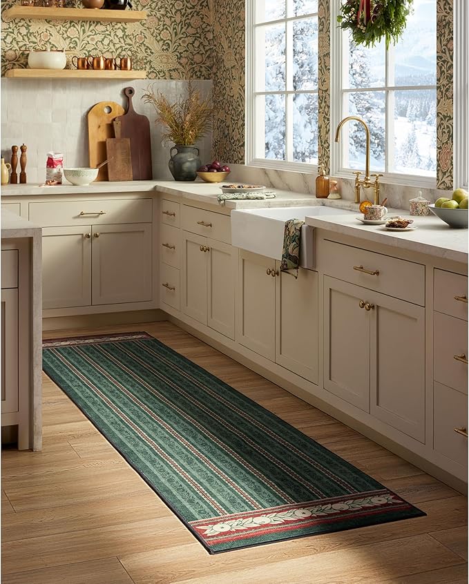 RUGGABLE x Morris & Co Machine Washable Area Rug – Fruit Stripe Spruce Green 2x3, Stain-Resistant, Non-Slip – Small Rugs for Living Room, Bedroom, Hallway, Entryway & Bathroom–with Cushioned Pad