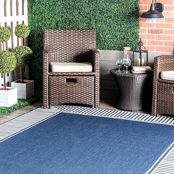 nuLOOM 7' Square Outdoor Area Rug, Casual Design with Striped Border, Stain Resistant, Highly Durable, for Patio, Balcony, Bedroom, Living Room, Dining Room, Bathroom, Navy