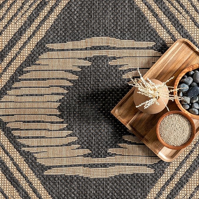 nuLOOM 2' x 3' Outdoor Tribal Geometric Area Rug, Stain Resistant, Weather Resistant, High Traffic, Patio, Balcony, Outside, Ranya Dark Grey