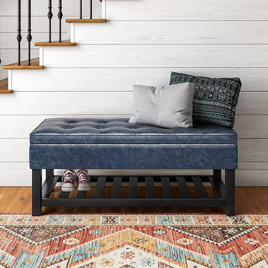 SIMPLIHOME Cosmopolitan 44 inch Wide Transitional Rectangle Storage Ottoman Bench with Open Bottom in Denim Blue Vegan Faux Leather, Assembled for the Living Room and Bedroom