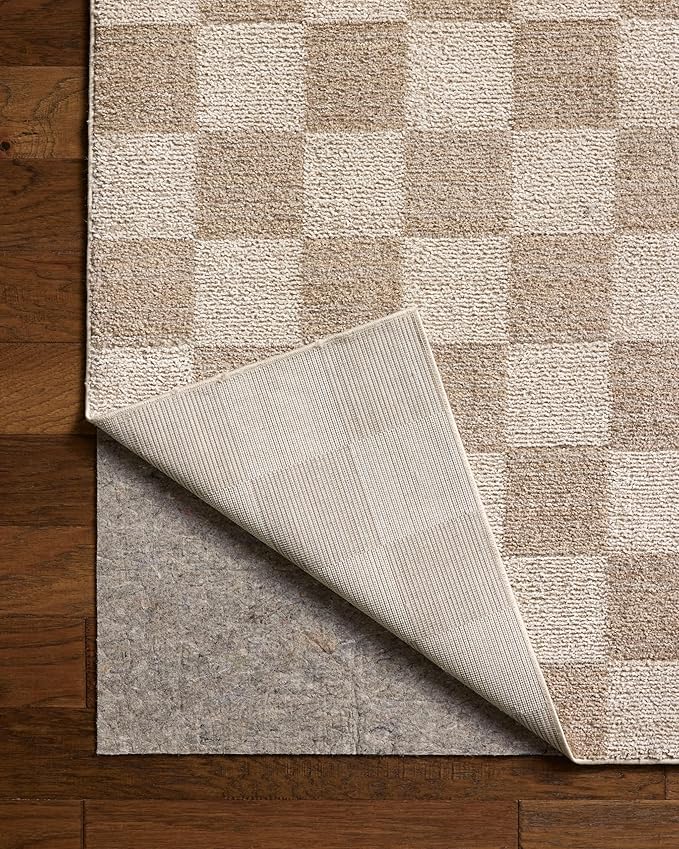 Loloi Chris Loves Julia Calvin Collection CLV-01 Pebble/Ivory 5'-3" x 5'-3" Round Area Rug Checkered Neutral Soft Living Room Bedroom Carpet