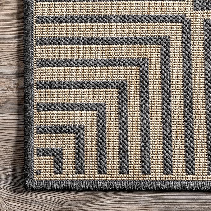 nuLOOM 6' 7" x 9' Outdoor Area Rug, Casual Design With Striped Border, Stain Resistant, Highly Durable, For Patio, Balcony, Bedroom, Living Room, Dining Room, Bathroom, Dark Grey