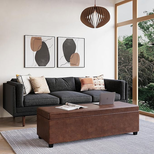 SIMPLIHOME Avalon 54 Inch Wide Contemporary Rectangle Extra Large Storage Ottoman Bench in Distressed Saddle Brown Vegan Faux Leather, Assembled, For the Living Room, Entryway and Family Room