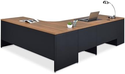 NBF L-Shaped Executive Office Desk - Durable Laminate Computer Desk with Three Drawers - Modern Desk with Storage and File Cabinet - Office Working Desk (72" Wx 96" D, Oak)