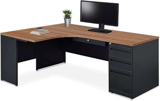 NBF Carbon L Shaped Executive Office Desk - Durable Laminate Computer Desk with 3 Drawers Pedestal - Modern Desk with Storage and File Cabinet - 72" W x 48" D Office Work Desk (Oak)