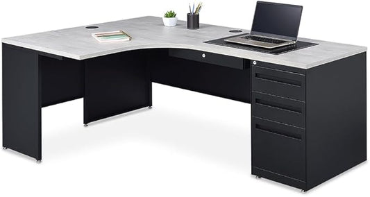 NBF Carbon L Shaped Executive Office Desk - Durable Laminate Computer Desk with 3 Drawers Pedestal - Modern Desk with Storage and File Cabinet - 72" W x 48" D Office Work Desk (Gray, Maple)