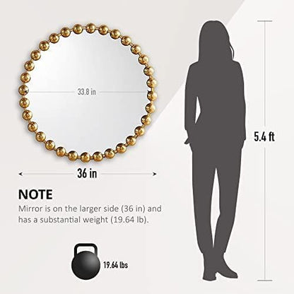 Madison Park Round Mirror, Metal Frame Circle Mirror 36 inch, Wall Art Decor Mounted Hanging for Entryway, Bathroom, hallway, Living Room, Vanity, Marlowe, Gold