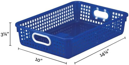 Really Good Stuff Plastic Desktop Paper Storage Baskets for Classroom or Home Use – 14”x10” Plastic Mesh Baskets Keep Papers Crease-Free and Secure – Blue Baskets With White Handles (Set of 12)