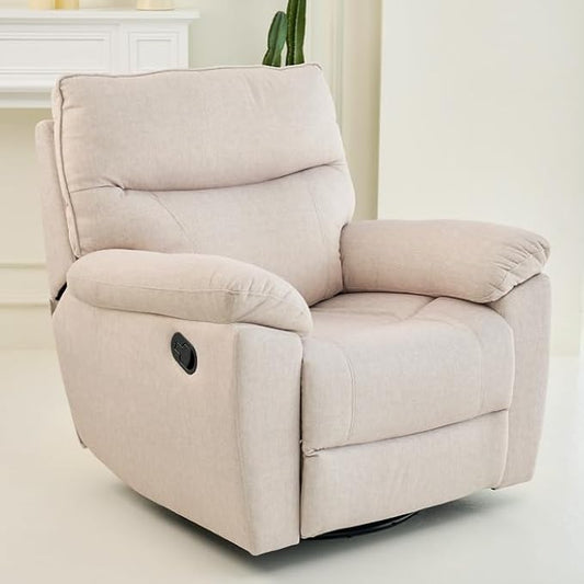 Reclining Sofa Rocking Recliner Chair Manual Adjustable 360 Swivel with Ergonomics Overstuffed Lumbar Arm Support Natural Fabric Surface Made for Living Room, Bedroom, Nursery, Milk White