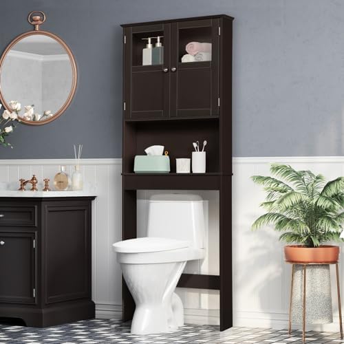 VINGLI Over The Toilet Storage Cabinet White Bathroom Storage Organizer Above The Toilet Shelf with Acrylic Glass Double Doors Wood Muebles para BañO Rack with Adjustable Shelf Espresso