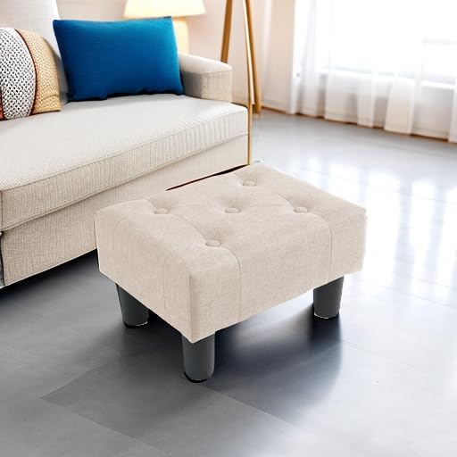 Poofzy Small Foot Stool Ottoman, Linen Ottoman Foot Rest with Legs, Rectangle Foot Rest for Couch, Footstools and Ottomans Small for Living Room and Entryway (Beige)