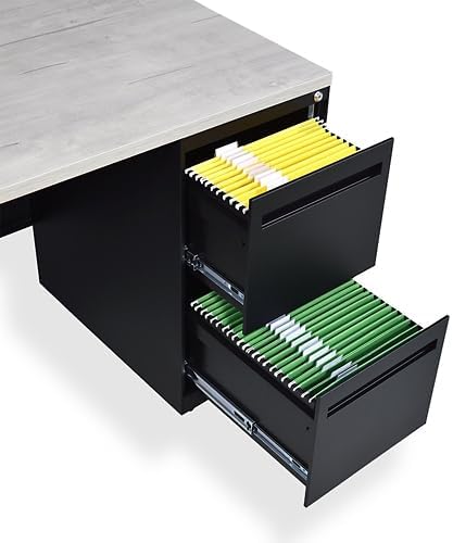 NBF Carbon L Shaped Executive Office Desk - Durable Laminate Computer Desk with 2 Drawers Pedestal - Modern Desk with Storage and File Cabinet - 72" W x 96" D Office Work Desk (Gray, Maple)