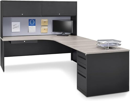 NBF Carbon L Shaped Executive Office Desk with Hutch - Durable Laminate Computer Desk with 3 Drawers - Modern Desk with Storage and Cabinet - Work Desk with Right Return (72" W x 96" D, Gray, Maple)