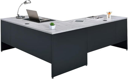 NBF Carbon L-Shaped Reversible Executive Office Work Desk - Durable Laminate Computer Desk with 4 Drawers Pedestal - Modern Desk with Storage and File Cabinet - (66" W x 78" D, Black, Gray, Maple)