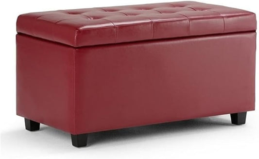 SIMPLIHOME Cosmopolitan 34 inch Wide Transitional Rectangle Storage Ottoman in Red Vegan Faux Leather, Assembled, For the Living Room, Entryway and Family Room