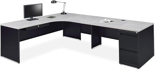 NBF Carbon L Shaped Executive Office Desk - Durable Laminate Computer Desk with 2 Drawers Pedestal - Modern Desk with Storage and File Cabinet - 72" W x 96" D Office Work Desk (Gray, Maple)