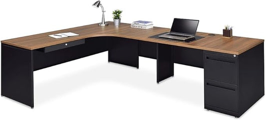 NBF Carbon L Shaped Executive Office Desk - Durable Laminate Computer Desk with 2 Drawers Pedestal - Modern Desk with Storage and File Cabinet - 72" W x 96" D Office Work Desk (Oak)