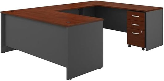 Pemberly Row 72" W U-Shaped Desk with Mobile File Cabinet in Hansen Cherry