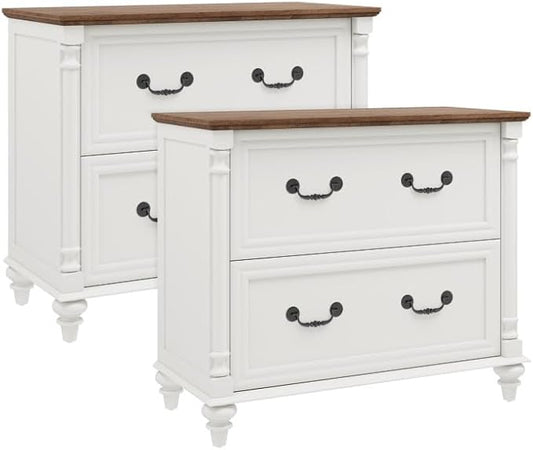 Lateral File Cabinet 2 Drawers Farmhouse File Cabinet Set of 2 for Letter/A4/Legal Size Hanging Files, Large Rustic White Storage Cabinets Printer Stand with 4 Solid Wood Feet &Column Decor for Office