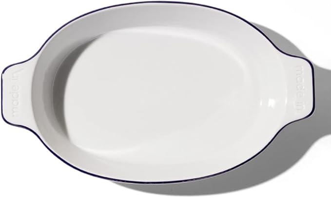 Made In Cookware - Oval Baking Dish - Navy Rim - Hand Crafted Porcelain - Professional Bakeware - Made in France