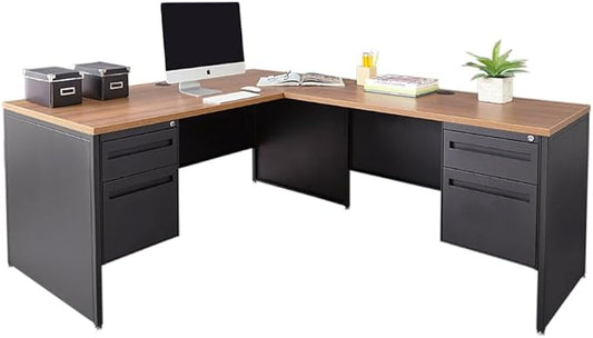 NBF Carbon L-Shaped Reversible Executive Office Desk - Durable Laminate Computer Desk with 4 Drawers Pedestal - Modern Desk with Storage and File Cabinet - Office Work Desk (66" W x 78" D, Black,Oak)