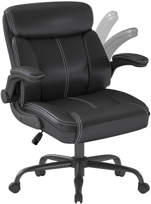 AnyGod Executive Leather Office Chair, Ergonomic Home Office Desk Chair with Flip-up Armrests, Lumbar Support, Adjustable Height, Mid-Back with Rocking Function for Executives