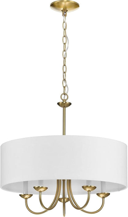 Progress Lighting Drum Shade Collection Five-Light Chandelier, Farmhouse Style Hanging Ceiling Light Fixture for Dining Rooms, Foyers, White Fabric Shade, Brushed Bronze