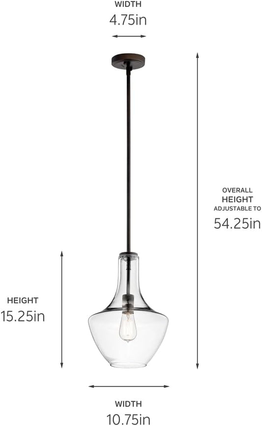 Kichler Everly 15.25" Kitchen Bell Pendant in Olde Bronze®, 1-Light Clear Glass Pendant Light, (15.25" H x 10.5" W), 42141OZCLR