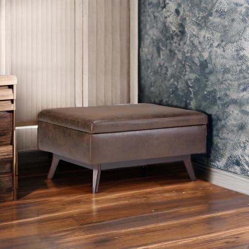 SIMPLIHOME Owen 34 inch Wide Mid Century Modern Rectangle Coffee Table Storage Ottoman in Distressed Chestnut Brown Vegan Faux Leather, Assembled, For the Living Room, Entryway and Family Room
