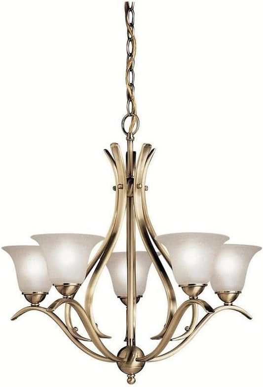 Kichler Dover 5-Light Chandelier in Antique Brass, Alabaster Swirl Glass, Traditional Style, (23" H x 24" DIA), 2020AB