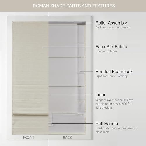 Madison Park Cordless Roman Shades Faux Silk Shade with Sheen 1-Panel Privacy, Room Darkening, Energy Efficient, Thermal Insulated Window Blind for Bedroom, Living Room Décor, 33"W x 64"H Como, Ivory
