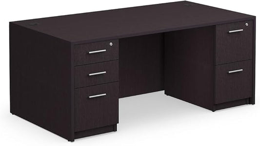 NBF at Work Double Pedestal Executive Office Desk - 72" W Durable Laminate Computer Desk with Two Drawers - Office Desk with Storage and File Cabinet - Brown Finish Work Desk for Home (Brown)