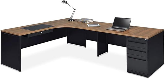 NBF L-Shaped Executive Office Desk - Durable Laminate Computer Desk with Three Drawers - Modern Desk with Storage and File Cabinet (72" Wx 96" D, Oak)