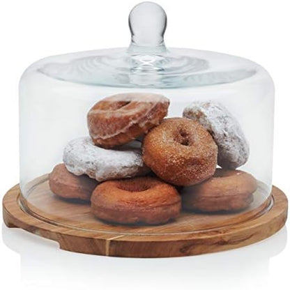 Libbey Acacia Wood Cake Stand with Dome Lid, Ball Top Handle Cake Holder with Lid, Covered Cake Stand, Durable Glass Dome Cover